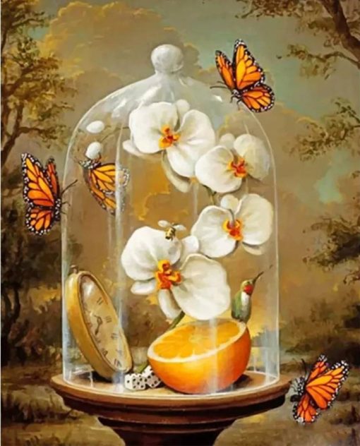 Diamant tavla Orchidé fjäril i kupol 40x50cm fyrkant