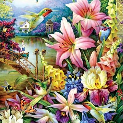 Diamant tavla fågel i blommor 40x50cm fyrkantig