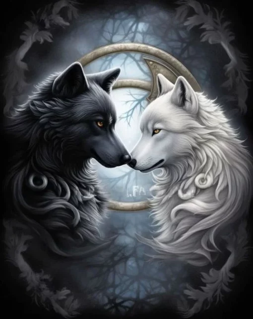 Diamant tavla vargar yin yang 40x50cm fyrkant