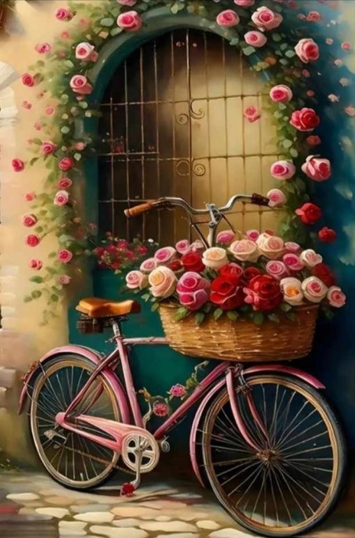 Diamant tavla vintage cykel rosor 50x70cm fyrkant
