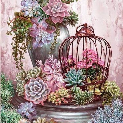 Diamant tavla Succulenter i bur 30x40cm rund