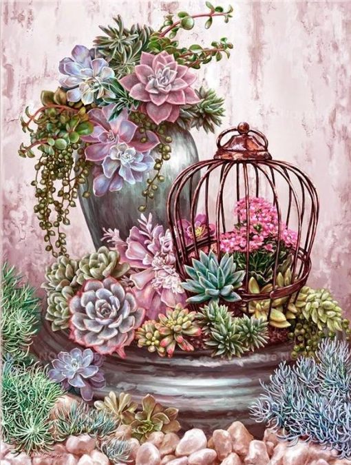 Diamant tavla Succulenter i bur 30x40cm rund