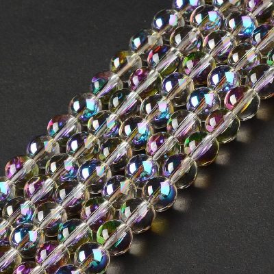P181 Glaspärla, slät, rund 8x7mm regnbågspläterad lila