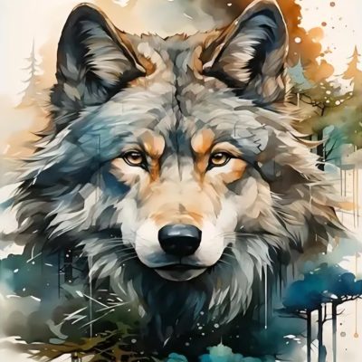 R41695 varg skog 50x70cm rund pärla