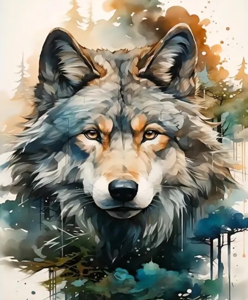 R41695 varg skog 50x70cm rund pärla