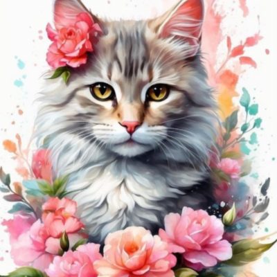 S50728 katt i blommor 40x50cm fyrkantig pärla