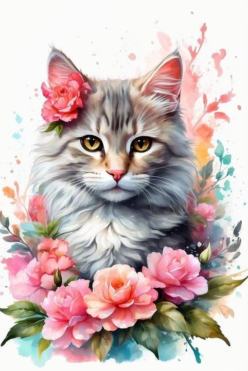 S50728 katt i blommor 40x50cm fyrkantig pärla