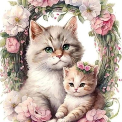 S50729 katter i blommor 40x50cm fyrkantig pärla