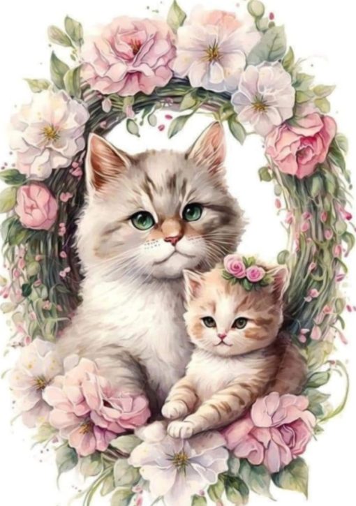 S50729 katter i blommor 40x50cm fyrkantig pärla