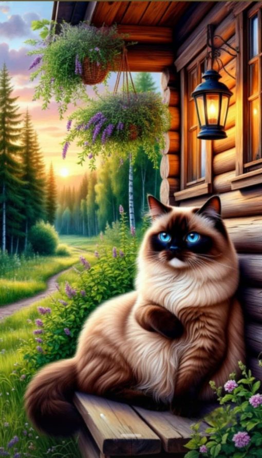 R41872 katt vid stuga 40x70cm rund pärla