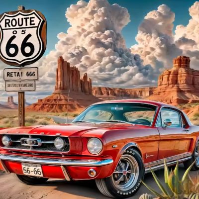 R41821 route66 röd bil 50x70cm rund pärla