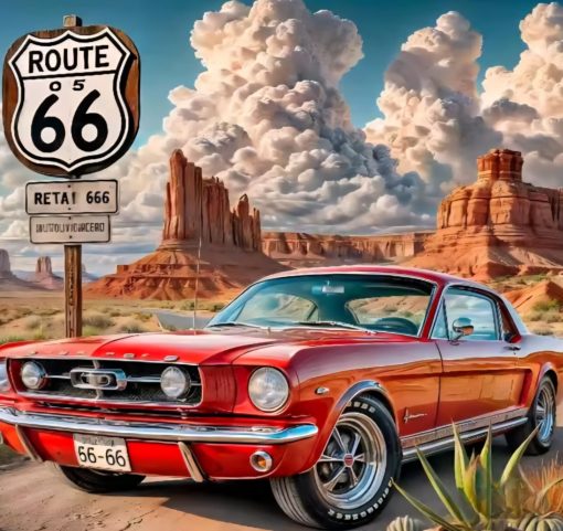 R41821 route66 röd bil 50x70cm rund pärla