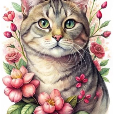S50727 katt i blommor 40x50cm fyrkantig pärla