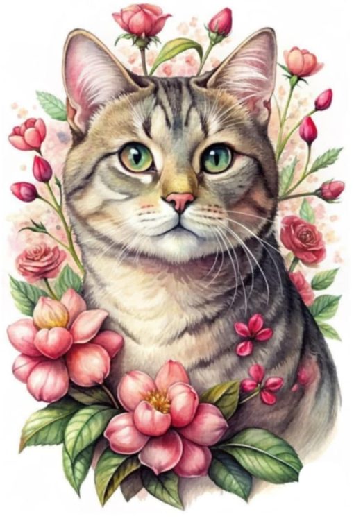 S50727 katt i blommor 40x50cm fyrkantig pärla