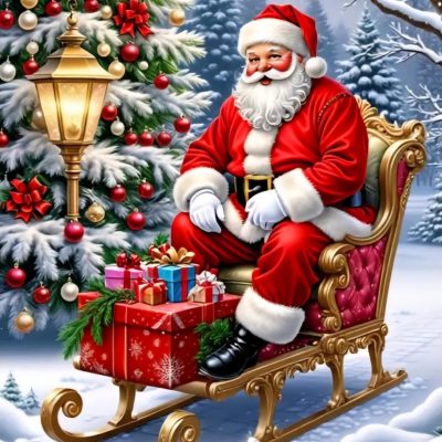 R41899 40x50cm tomte släde jul rund pärla